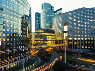 office buildings evening lighting roads