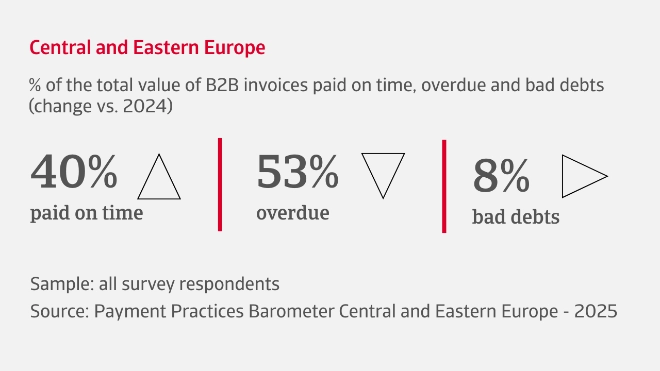 % of the total value of B2B invoices paid on time, overdue and bad debts in the Central and Eastern Europe